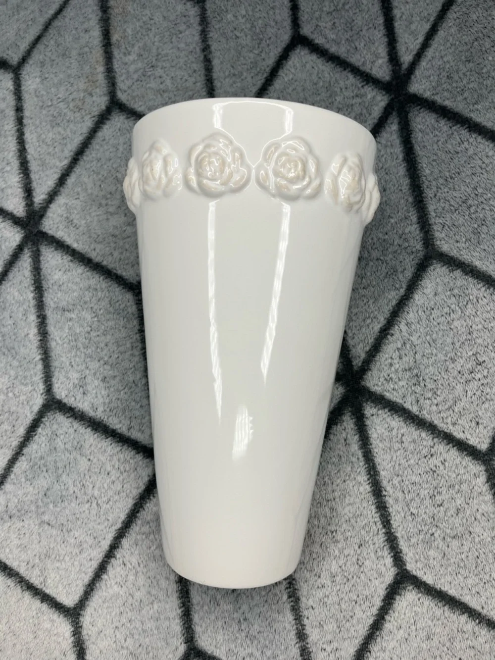 Vintage White Ceramic Rose Relief Vase Embossed Floral Portugal Shabby Chic